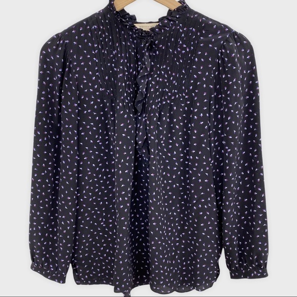 Rebecca Taylor Black Purple White Printed Silk Ruffle Detail Blouse Size 4 - Picture 9 of 9